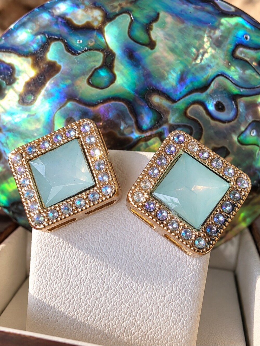 Vintage 80s Aqua Glass AB Rhinestone Square Stud Earrings Mermaidcore Gold Teal